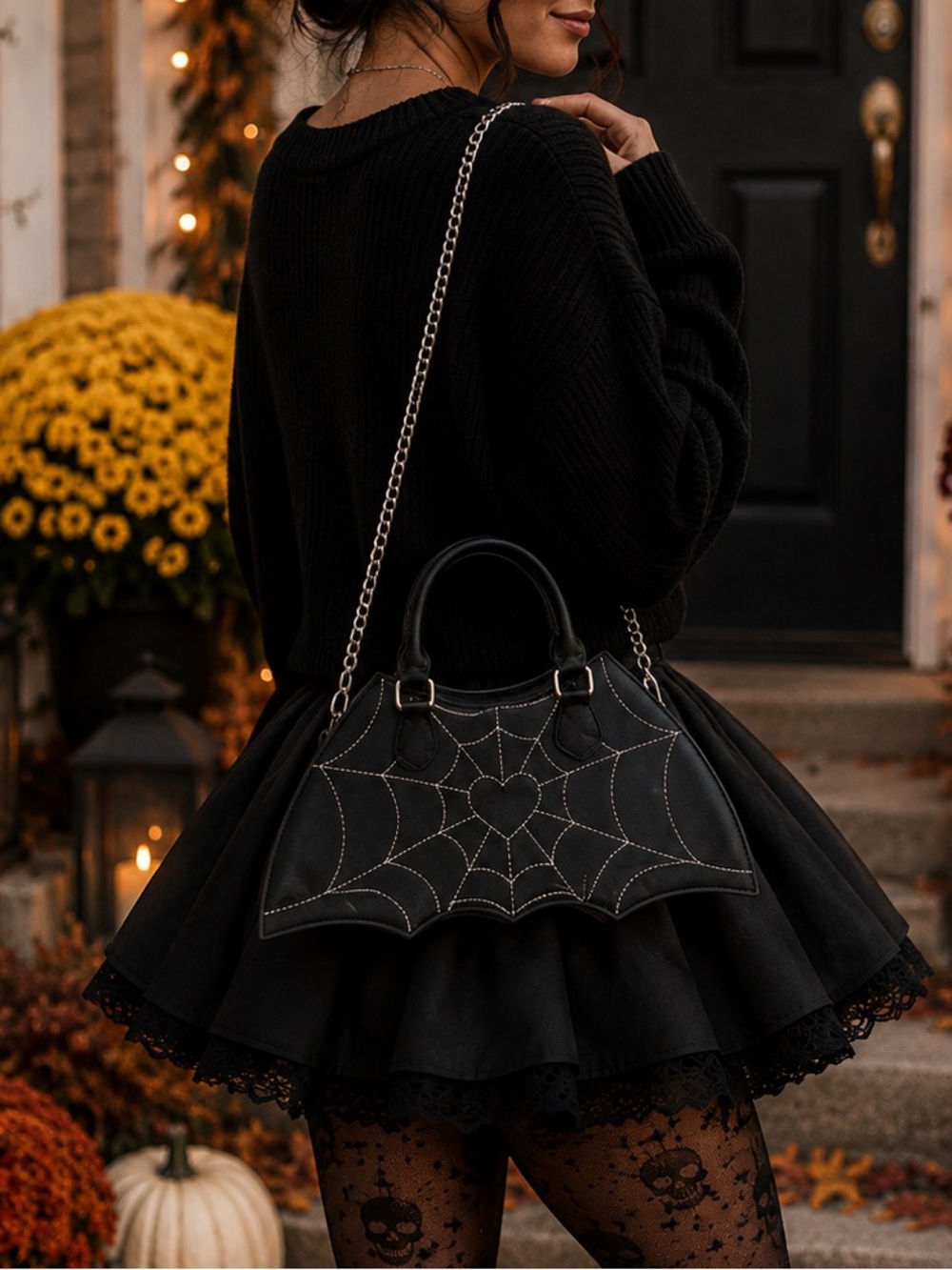 Batwing shoulder bag w/ detachable chain strap glo-in-the dark spiderweb design